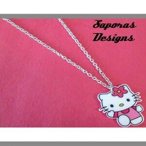 Hello Kitty Design Necklace With Silver Tone Chain For Kids/Girl Gift Giving